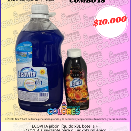 COMBO 18 - ECOVITA JABÓN LÍQUIDO x3L BOTELLA + ECOVITA SUAVIZANTE PARA DILUIR x500ml ÉPICO