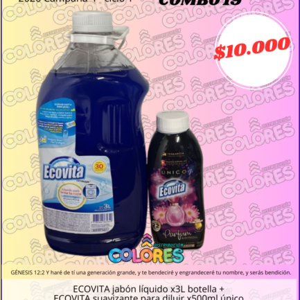 COMBO 19 - ECOVITA JABÓN LÍQUIDO x3L BOTELLA + ECOVITA SUAVIZANTE PARA DILUIR x500ml ÚNICO