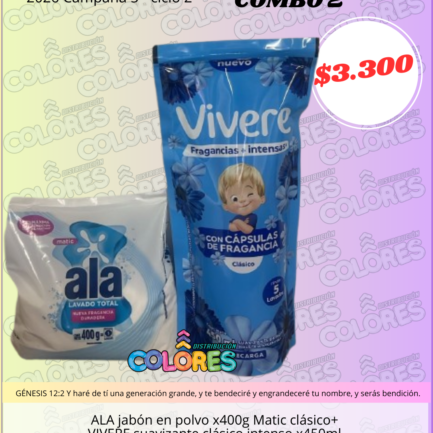 COMBO 2 - ALA JABÓN EN POLVO x400g MATIC CLÁSICO + VIVERE SUAVIZANTE CLÁSICO INTENSO x450ml