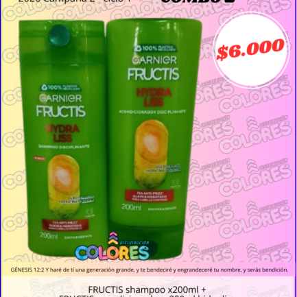 COMBO 2 - FRUCTIS SHAMPOO x200ml + FRUCTIS ACONDICIONADOR x200ml HIDRA LISS