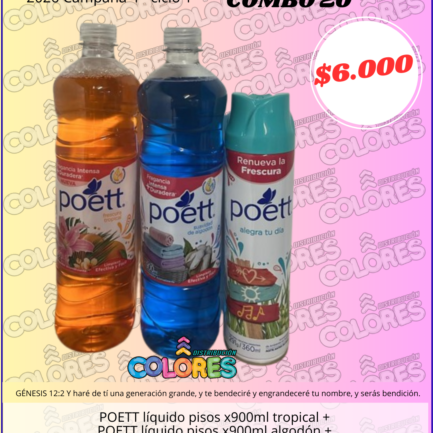 COMBO 20 - POETT LÍQUIDO PISOS x900ml TROPICAL +POETT LÍQUIDO PISOS x900ml ALGODÓN + POETT AEROSOL ALEGRA TU DÍA