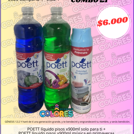 COMBO 21 - POETT LÍQUIDO PISOS x900ml SOLO PARA TI +POETT LÍQUIDO PISOS x900ml MÚSICA EN PRIMAVERA + POETT AEROSOL SUAVIDAD DE ALGODÓN