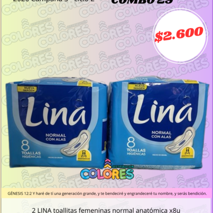 COMBO 29 - 2 LINA TOALLITAS FEMENINAS NORMAL ANATÓMICA x8u