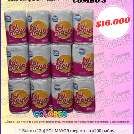 COMBO 3 - 1 BULTO (x12u) SOL MAYOR MEGARROLLO x200 PAÑOS