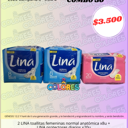 COMBO 30 - 2 LINA TOALLITAS FEMENINAS NORMAL ANATÓMICA x8u + LINA PROTECTORES DIARIOS x20u