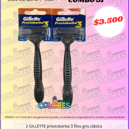 COMBO 31 - 2 GILLETTE PRESTOBARBA 3 FILOS GRIS CLÁSICA
