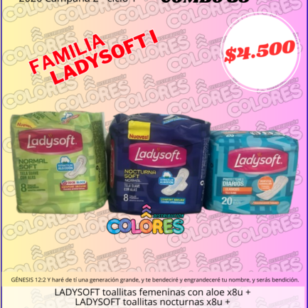 COMBO 39 - LADYSOFT TOALLITAS FEMENINAS CON ALOE x8u + LADYSOFT TOALLITAS NOCTURNAS x8u + LADYSOFT PROTECTORES DIARIOS x20u