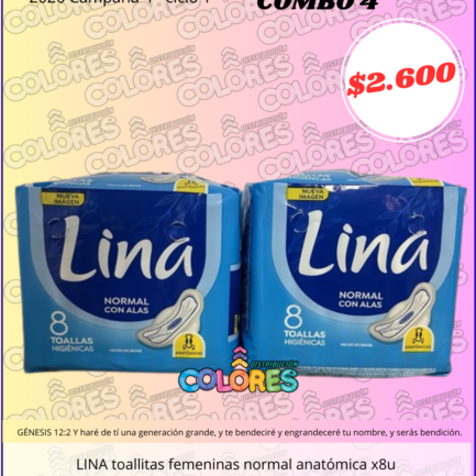 COMBO 4 - 2 LINA TOALLITAS FEMENINAS NORMAL ANATÓMICA x8u
