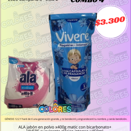 COMBO 4 - ALA JABÓN EN POLVO x400g MATIC CON BICARBONATO + VIVERE SUAVIZANTE CLÁSICO INTENSO x450ml