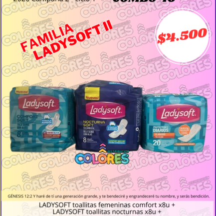 COMBO 40 - LADYSOFT TOALLITAS FEMENINAS COMFORT x8u + LADYSOFT TOALLITAS NOCTURNAS x8u + LADYSOFT PROTECTORES DIARIOS x20u