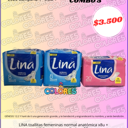 COMBO 5 - 2 LINA TOALLITAS FEMENINAS NORMAL ANATÓMICA x8u + LINA PROTECTORES DIARIOS x20u