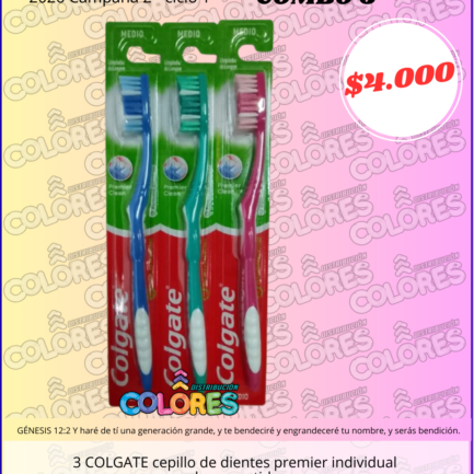 COMBO 6 - 3 COLGATE CEPILLO DE DIENTES PREMIER INDIVIDUAL COLORES SURTIDOS
