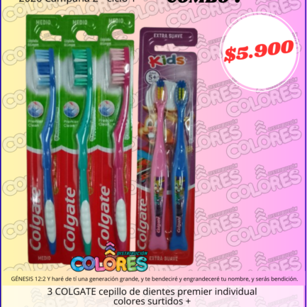 COMBO 7 - 3 COLGATE CEPILLO DE DIENTES PREMIER INDIVIDUAL COLORES SURTIDOS + COLGATE CEPILLO DE DIENTES KIDS x2u