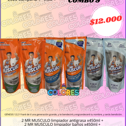 COMBO 9 - 2 MR MUSCULO LIMPIADOR ANTIGRASA x450ml + 2 MR MUSCULO LIMPIADOR BAÑO x450ml + 2 MR MUSCULO LIMPIADOR VIDRIOS x450ml