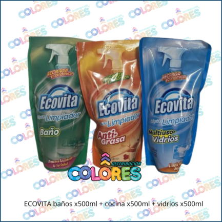 COMBO 29 - ECOVITA BAÑOS x500ml + COCINA x500ml + VIDRIOS x500ml