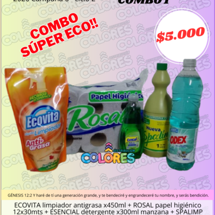 COMBO 1 - ECOVITA LIMPIADOR ANTIGRASA x450ml + ROSAL PAPEL HIGIÉNICO 12x30mts + ESENCIAL DETERGENTE x300ml MANZANA + SPALIMP LAVANDINA x1L + ODEX LIMPIADOR PISOS x900ml