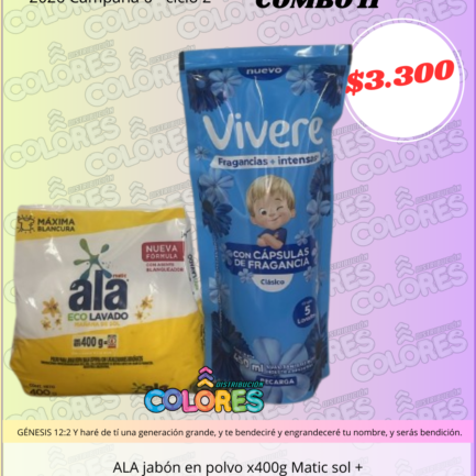 COMBO 11 - ALA JABÓN EN POLVO x400g MATIC SOL + VIVERE SUAVIZANTE CLÁSICO INTENSO x450ml