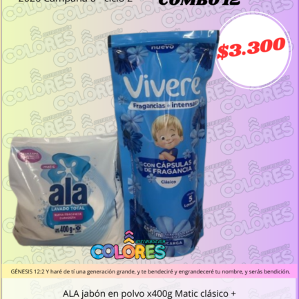 COMBO 12 - ALA JABÓN EN POLVO x400g MATIC CLÁSICO + VIVERE SUAVIZANTE CLÁSICO INTENSO x450ml