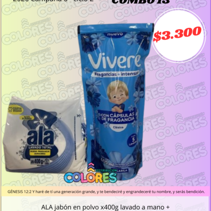 COMBO 13 - ALA JABÓN EN POLVO x400g LAVADO A MANO + VIVERE SUAVIZANTE CLÁSICO INTENSO x450ml
