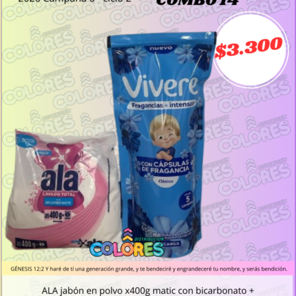 COMBO 14 - ALA JABÓN EN POLVO x400g MATIC CON BICARBONATO + VIVERE SUAVIZANTE CLÁSICO INTENSO x450ml