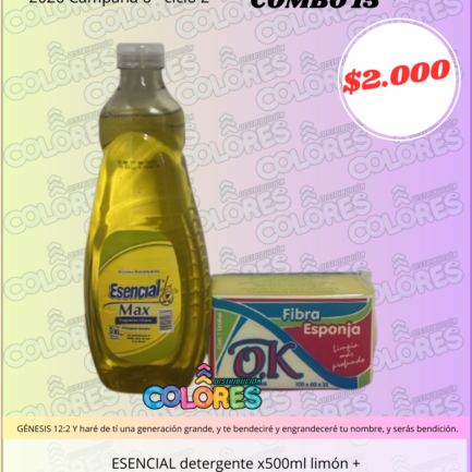 COMBO 15 - ESENCIAL DETERGENTE x500ml LIMÓN + ESPONJA CUADRICULADA