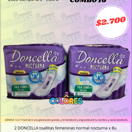 COMBO 16 - 2 DONCELLA TOALLITAS FEMENINAS NORMAL NOCTURNA x8u