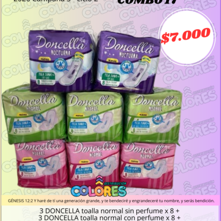 COMBO 17 - 3 DONCELLA TOALLITAS FEMENINAS NORMAL SIN PERFUME x8u + 3 DONCELLA TOALLITAS FEMENINAS NORMAL CON PERFUME x8u + 2 DONCELLA TOALLITAS FEMENINAS NORMAL NOCTURNAS x8u