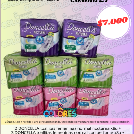 COMBO 27 - 2 DONCELLA TOALLITAS FEMENINAS NORMAL NOCTURNA x8u + 3 DONCELLA TOALLITAS FEMENINAS NORMAL CON PERFUME x8u + 3 DONCELLA TOALLITAS FEMENINAS NORMAL SIN PERFUME x8u