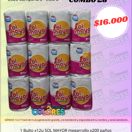 COMBO 28 - 1 BULTO x12u SOL MAYOR MEGARROLLO x200 PAÑOS