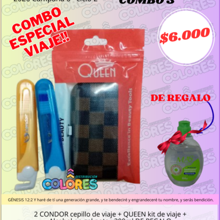 COMBO 3 - 2 CONDOR CEPILLO DE VIAJE + QUEEN KIT DE VIAJE + ALCOHOL EN GEL x300ml DE REGALO