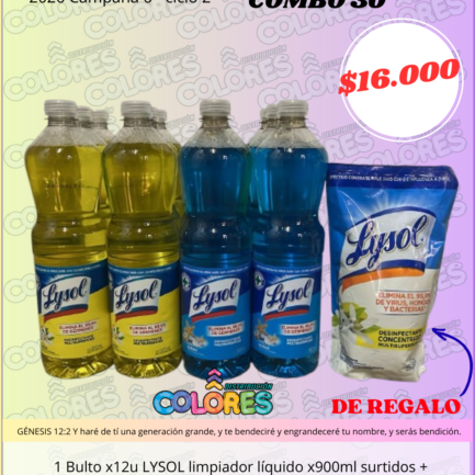 COMBO 30 - 1 BULTO x12u LYSOL LIMPIADOR LÍQUIDO x900ml + LYSOL LIMPIADOR LÍQUIDO DESINFECTANTE x450ml DE REGALO