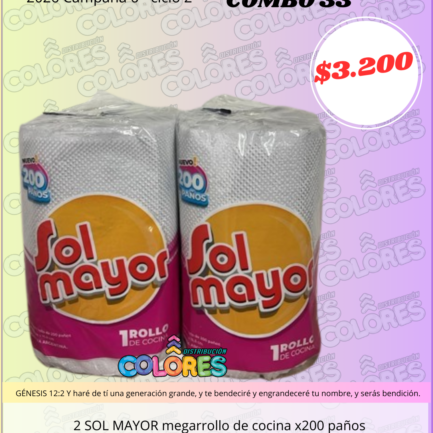 COMBO 33 - 2 SOL MAYOR MEGARROLLO DE COCINA x200 PAÑOS