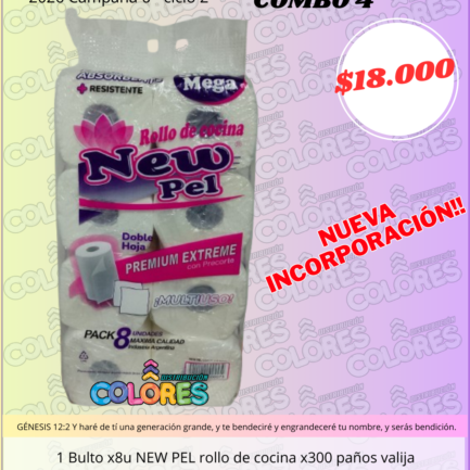 COMBO 4 - 1 BULTO x8u NEW PEL ROLLO DE COCINA x300 PAÑOS VALIJA