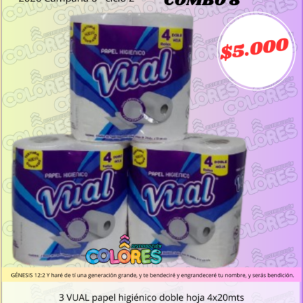 COMBO 8 - 3 VUAL PAPEL HIGIÉNICO DOBLE HOJA 4x20mts