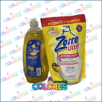 COMBO 18 - ZORRO DETERGENTE x800ml LIMÓN + ZORRO DETERGENTE x450ml LIMÓN DOY PACK