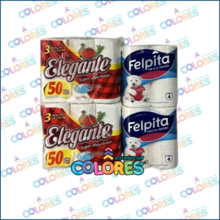 COMBO 14 - 2 ELEGANTE ROLLO DE COCINA 3x50 PAÑOS+ 2 FELPITA PAPEL HIGIÉNICO BLANCO 4x30mts