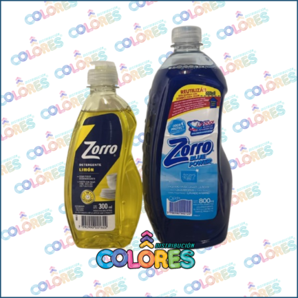 COMBO 26 - ZORRO DETERGENTE LIMÓN x300ml + ZORRO JABÓN LÍQUIDO x800ml BLUE POWER BOTELLA