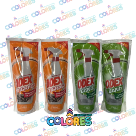 COMBO 7 - 2 ODEX LIMPIADOR LÍQUIDO ANTIGRASA x450ml DOY PACK + 2 ODEX LIMPIADOR LÍQUIDO BAÑOS x450ml DOY PACK