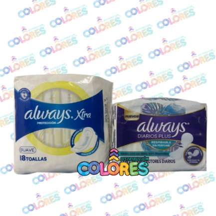 COMBO 22 - ALWAYS TOALLITAS FEMENINAS XTRA PROTECCIÓN SUAVE x8u + ALWAYS PROTECTORES DIARIOS x15u